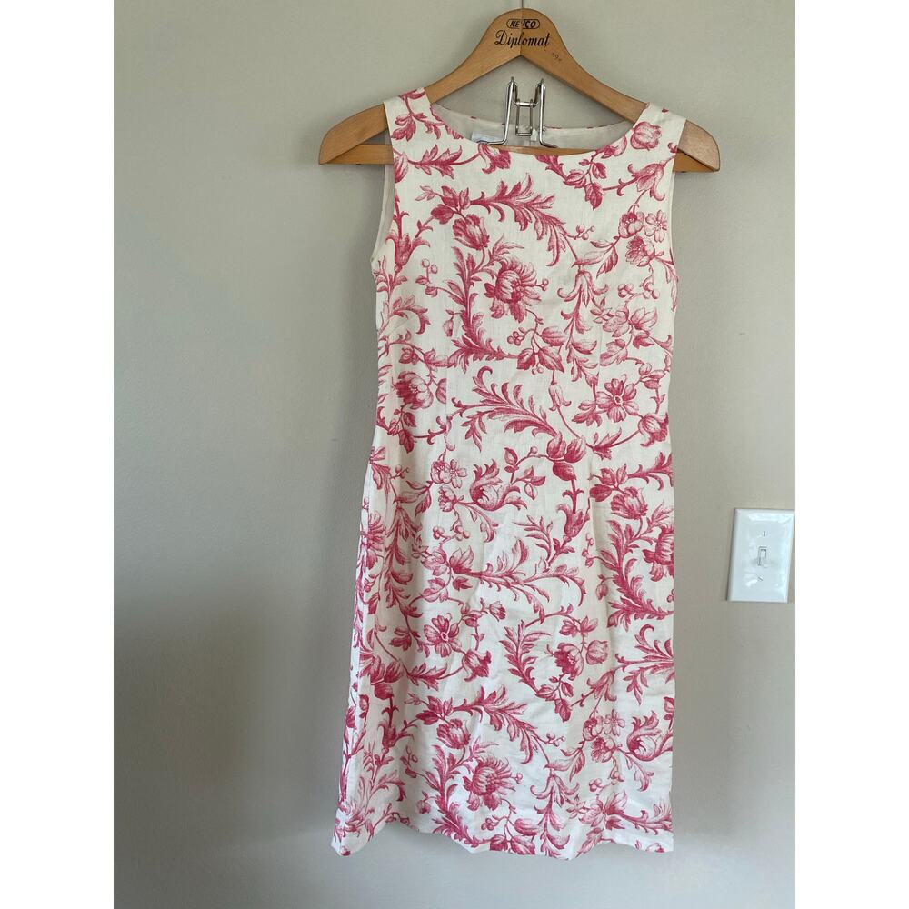 Laura Ashley Vintage 100% Linen Sleeveless Pink Floral Shift Dress Size 8 Toile
